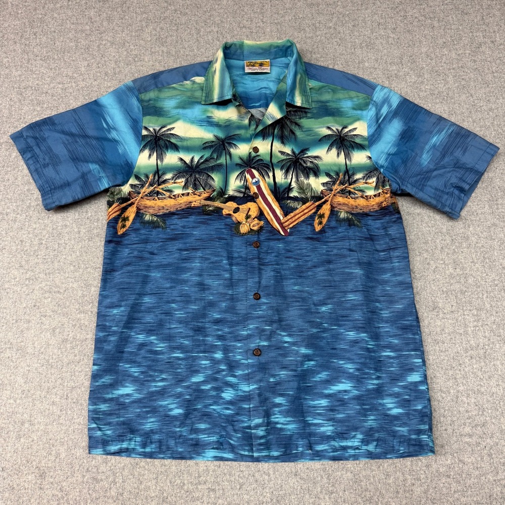 Winnie Fashion Hawaiian Shirt Large Blue Tropical Surfboard Canoe Made In Hawaii